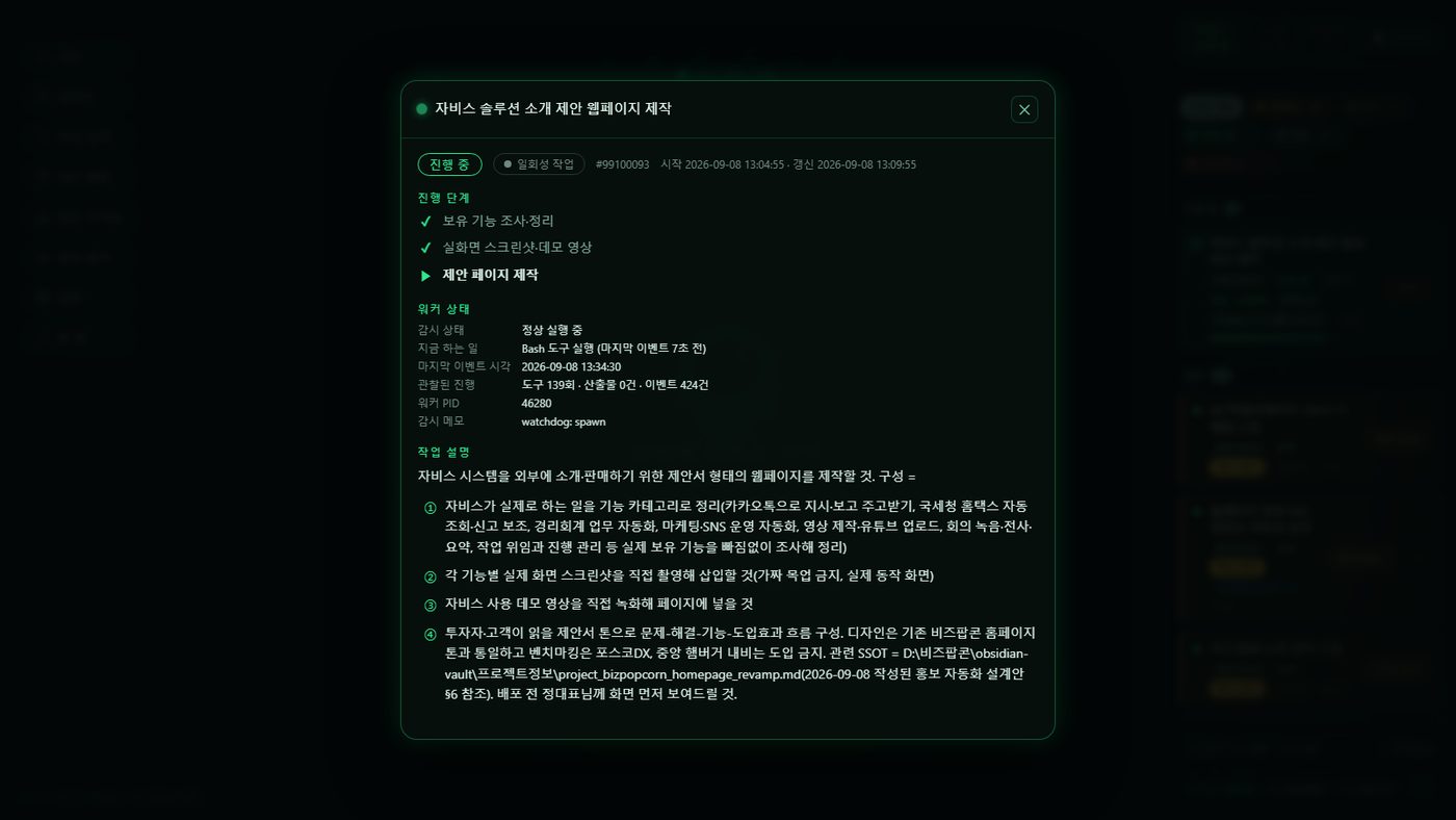 진행 중 작업 상세 — 단계·워커 상태·실행 중 도구가 실시간으로 표시된다